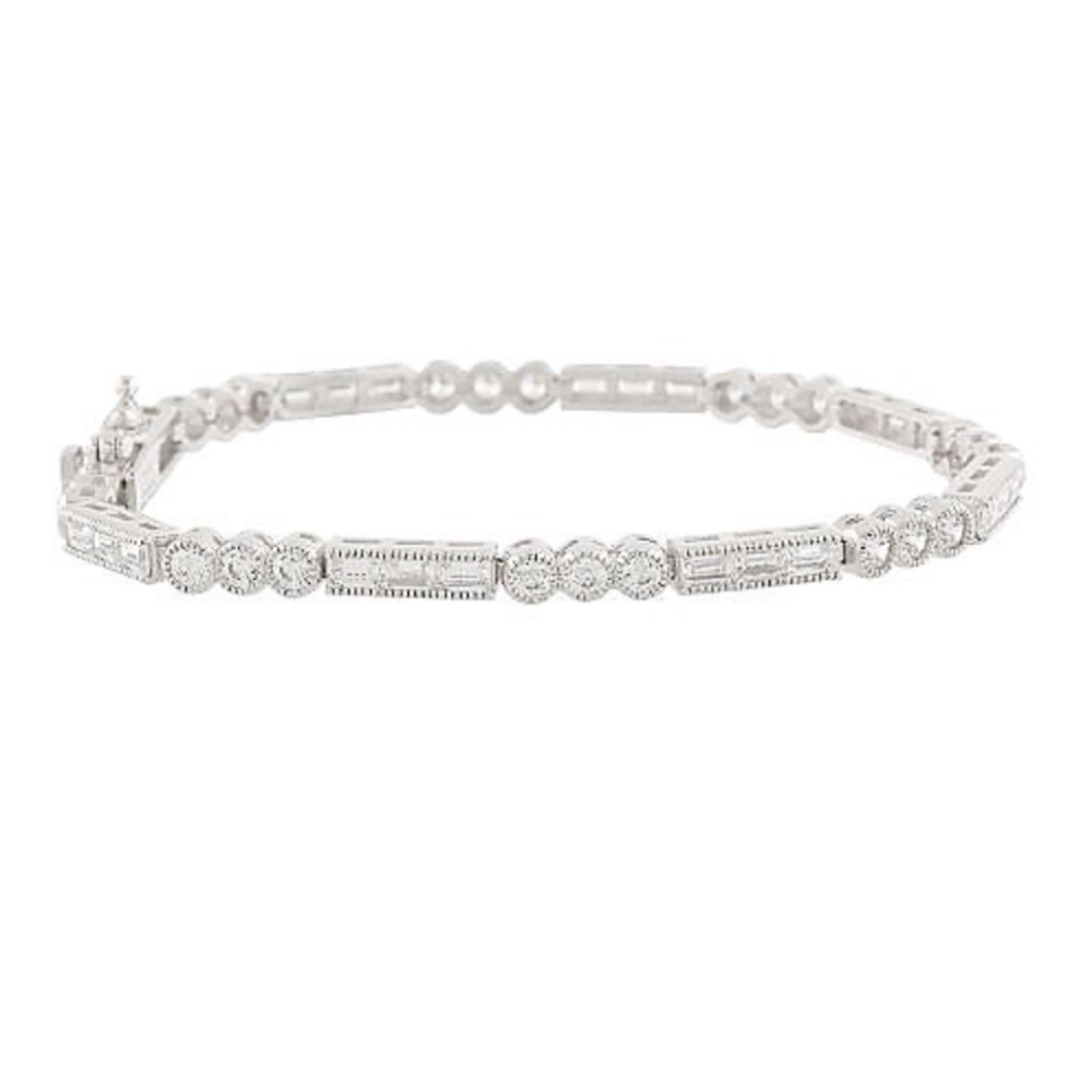QVC Epiphany Platinum Clad Diamonique Round and Baguett Tennis Bracelet. 0336